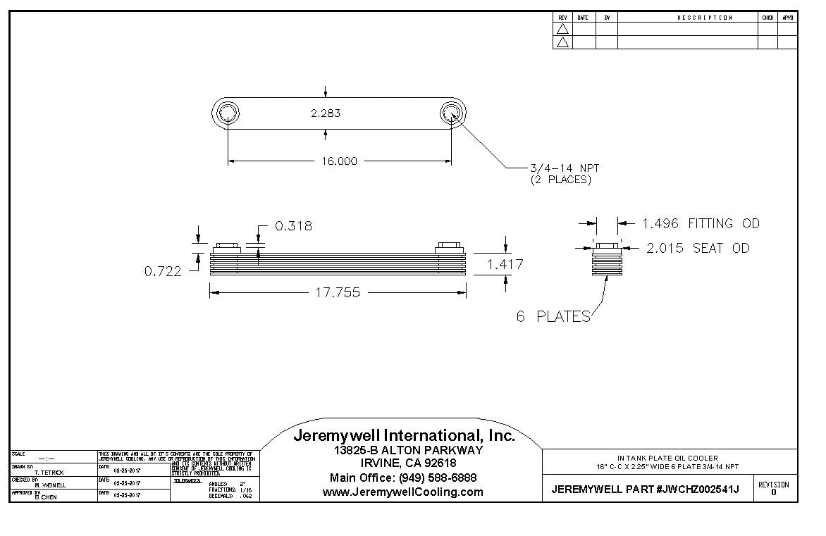 JWCHZ002541J 6 plate 16” centers 3/4" NPT fittings stainless steel radiator tank oil cooler